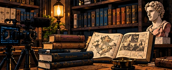 Camera, historical books and an open illustrated atlas