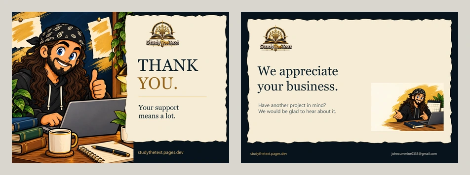 Thank-you card — StudyTheText own-brand demonstration artwork