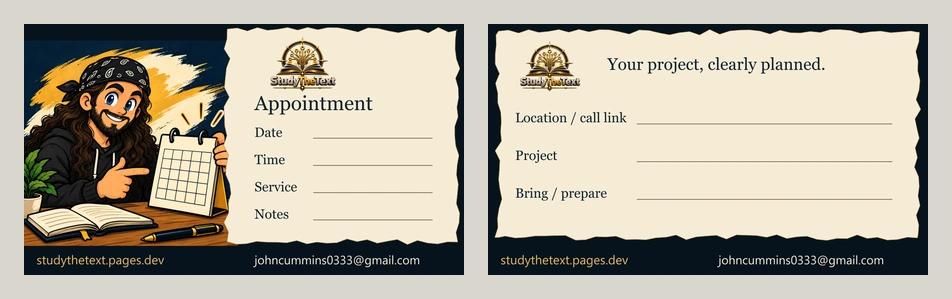 Appointment card — StudyTheText own-brand demonstration artwork