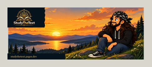 Cartoon John sitting on a grassy hill at sunset, composed as a scenic Facebook cover.