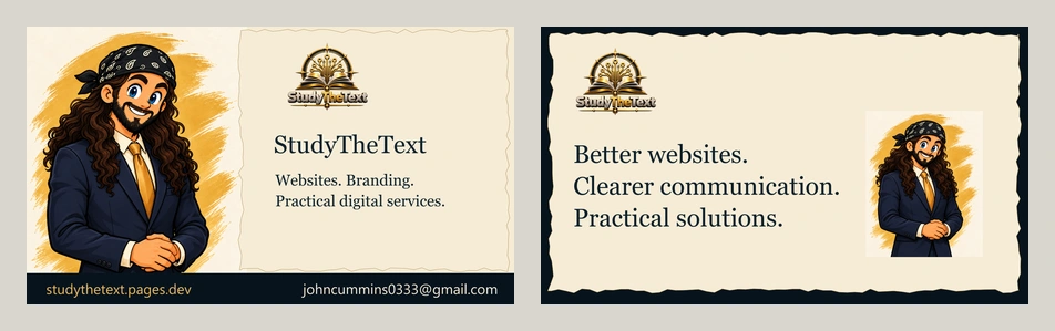 Front and back business card artwork with Cartoon John in a navy business suit.