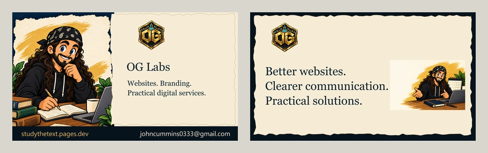 Two-sided OG Labs business card with smiling cartoon John at his desk, long curly dark hair, blue eyes, a black hoodie and bandana, and cream torn-paper borders.