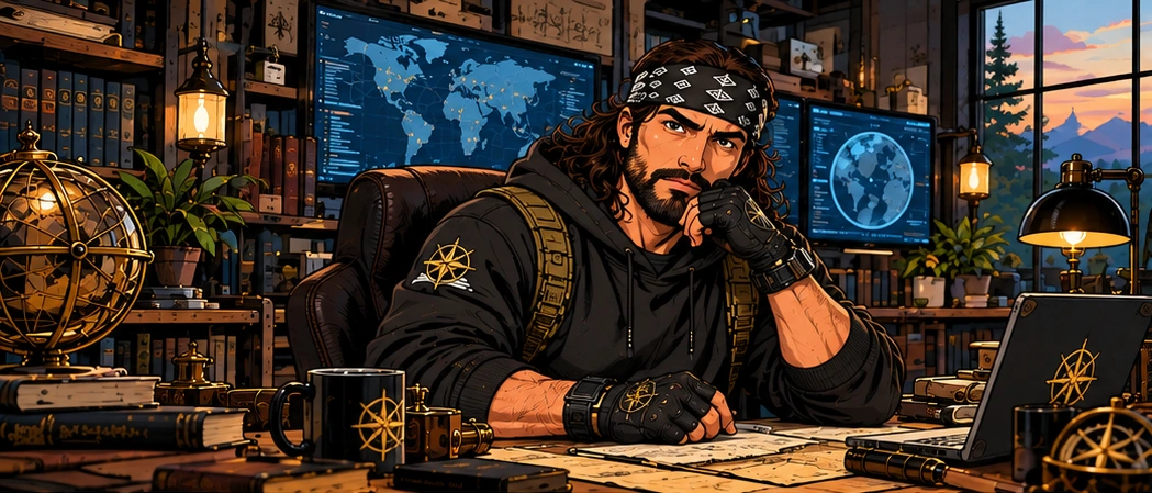 Illustrated researcher considering maps at a warmly lit digital workstation