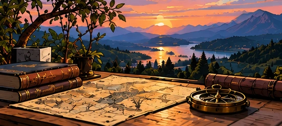 Maps and books overlooking a sunlit mountain lake