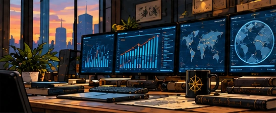 Business charts and geographic research on desktop monitors