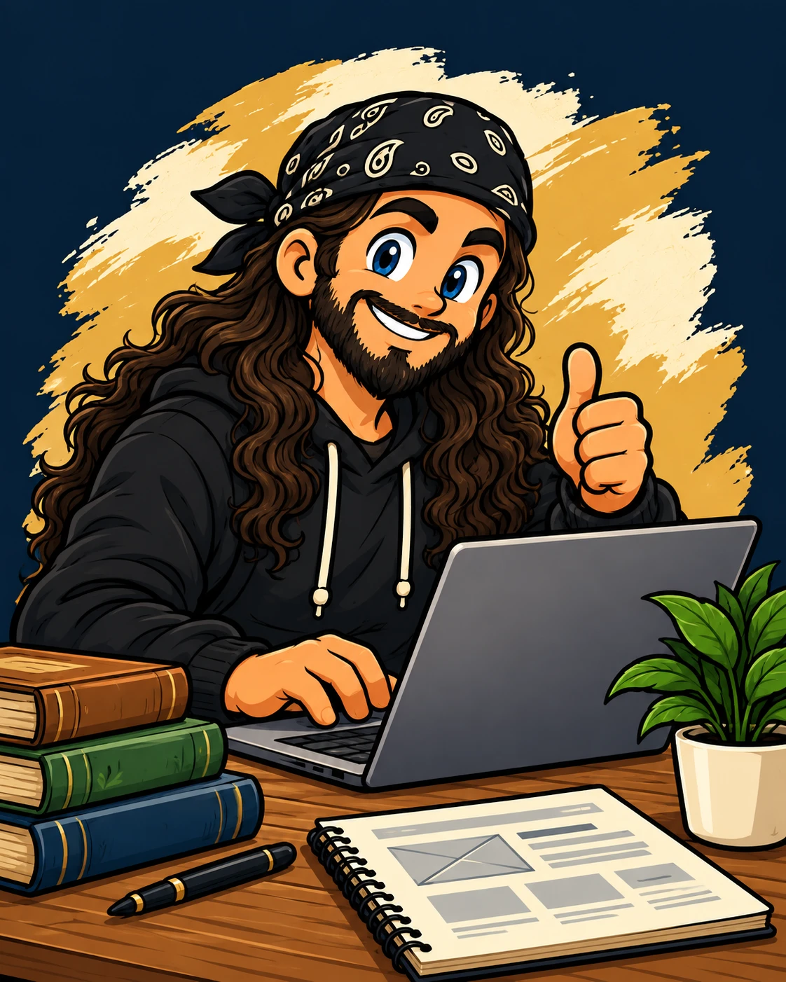 StudyTheText cartoon mascot with blue eyes, long dark hair, beard and black bandana welcoming visitors