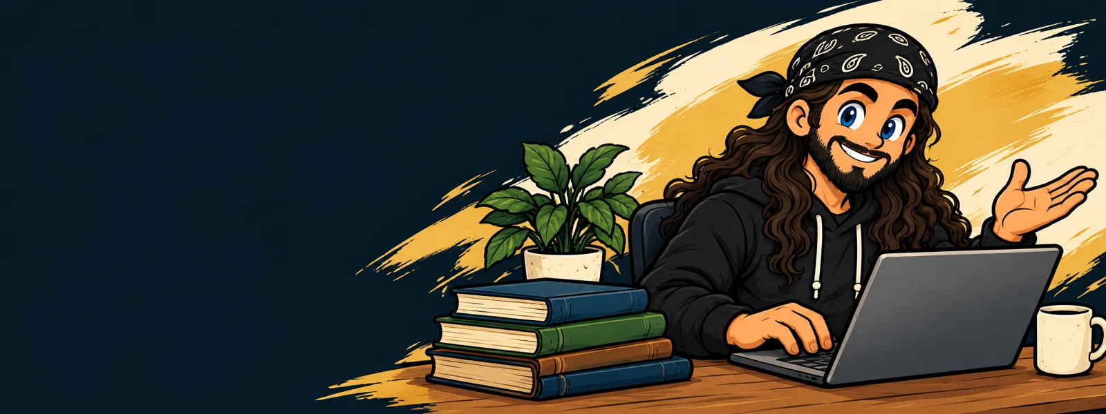 StudyTheText cartoon mascot with blue eyes, long dark hair, beard and black bandana welcoming visitors
