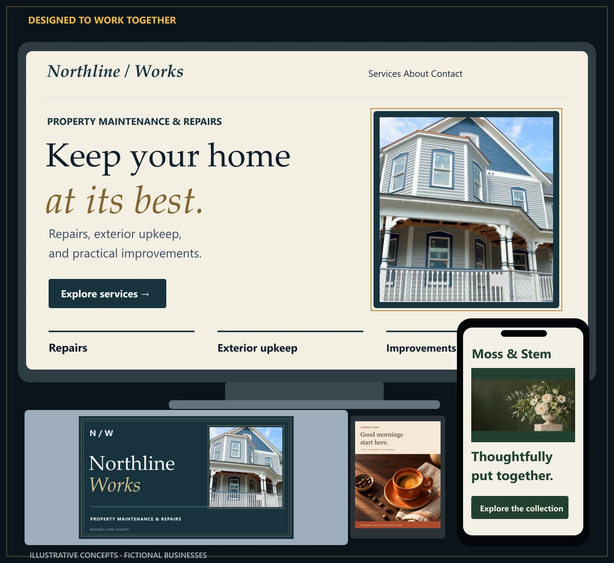 Illustrative website, mobile, business card and poster concepts for fictional businesses