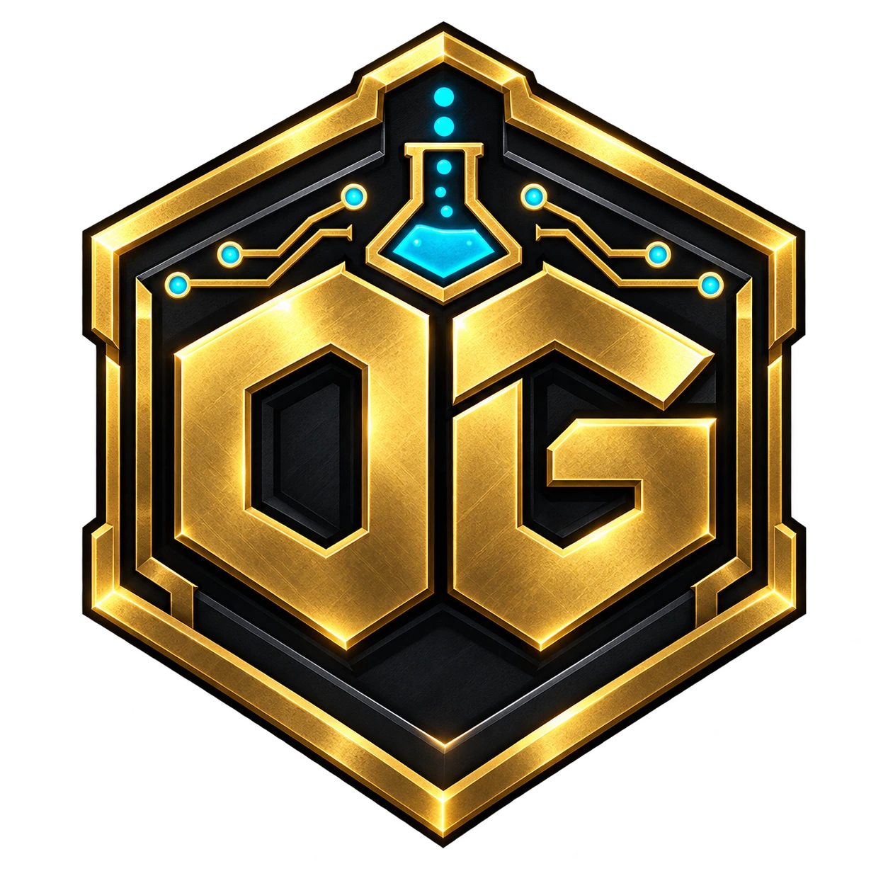 OG Labs — gold industrial OG emblem with cyan flask detail