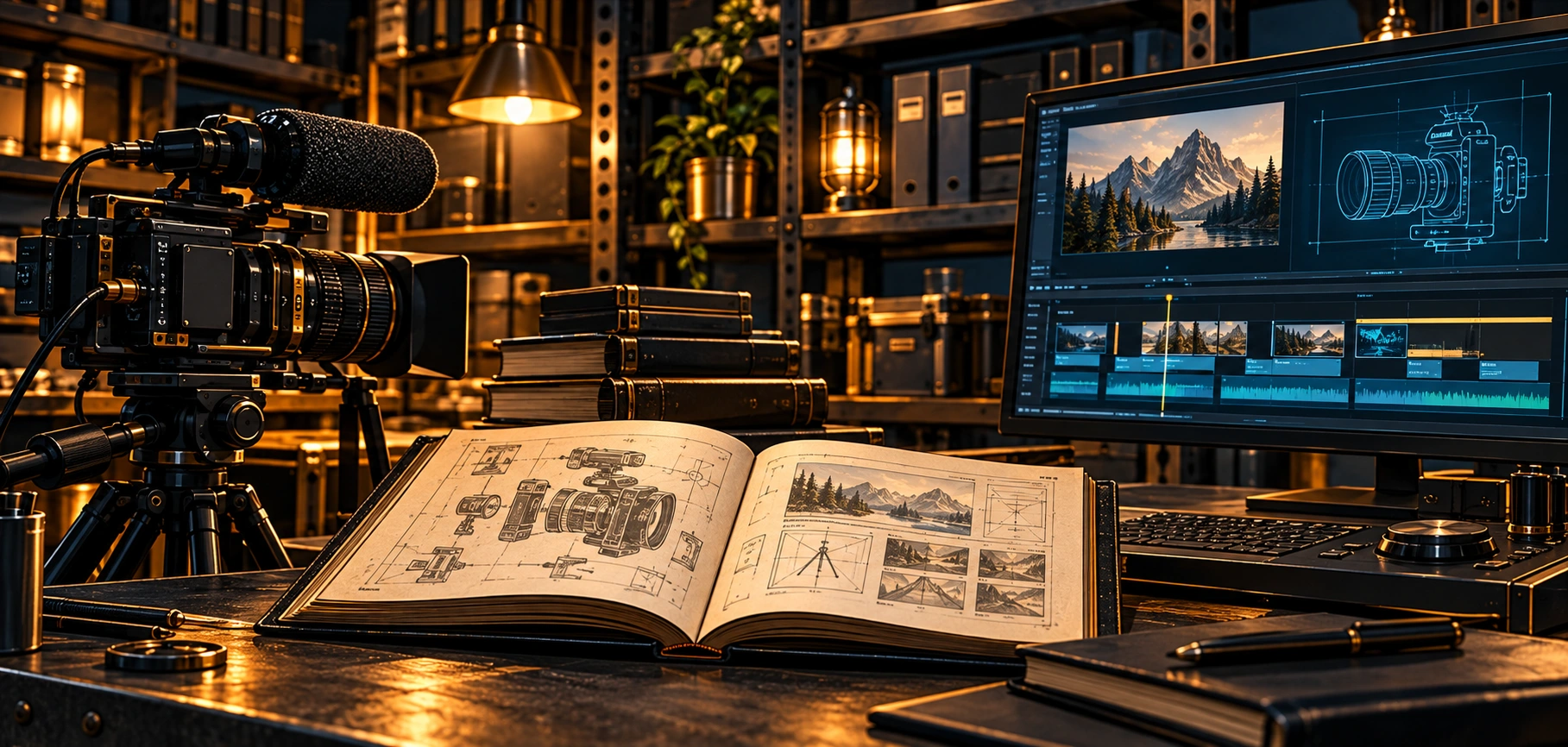 Camera, educational reference book and editing display in the OG Labs studio
