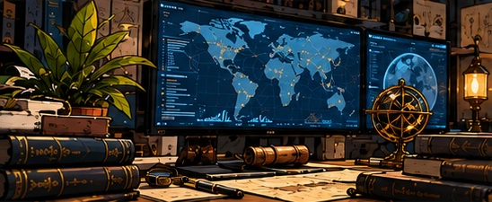 World map on a research workstation surrounded by books and notes